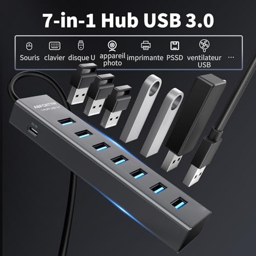 7 Port USB 3.0 Hub – Aluminium USB Hub with 120 cm Cable for Desktop, USB Multiport Adapter with USB 3.0 5Gbps, 5V 3A Type-C for PC, Laptop, MacBook, MacBook, Mouse, Keyboard, U Disk etc.