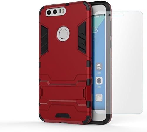 Huawei Honor 8 Case, CASEPLAY [Armor Tank Series] with Tempered Glass Screen Protector Hard Slim Hybrid Rugged Kickstand Protective Phone Cover Case for Huawei Honor 8 (Red)