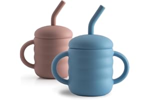 SASSIE KIDZ Cute 2-1 Silicone Straw Sippy Cup with Stopper - 5.4 OZ Spill-proof Sippy Cups for Baby 6+ Months w/ Dbl Handles, Grooved Body & Angled Straw for Safe Drinking - Includes Cleaning Brush - Blue & Pink