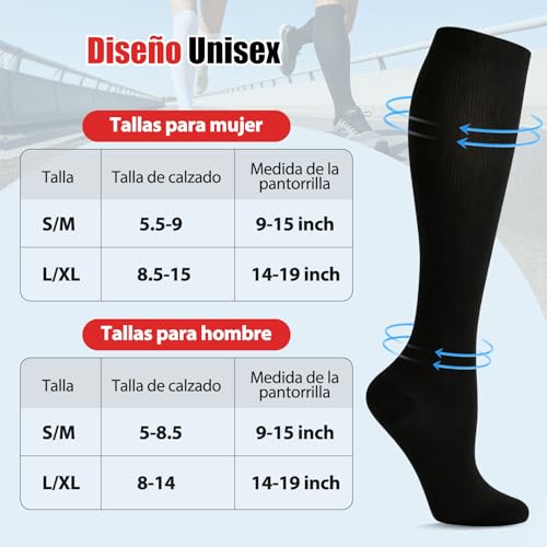 LONGLIV 4/6 Pares Calcetines de Compresión para Hombres y Mujeres, 15-20 mmHg, Calcetines de Compresión Deportiva para Varices, Embarazo, Viajar, Correr, Fitness, Enfermeras, Edema
