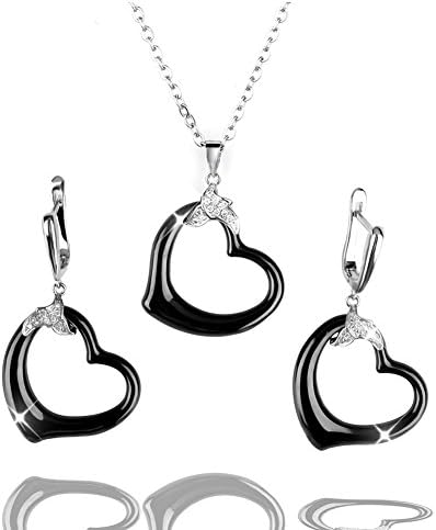 Tuhe Women's Stainless Steel Ceramic Crystal Heart Shape Pendant Necklace and Eearings Jewelry Set for Women