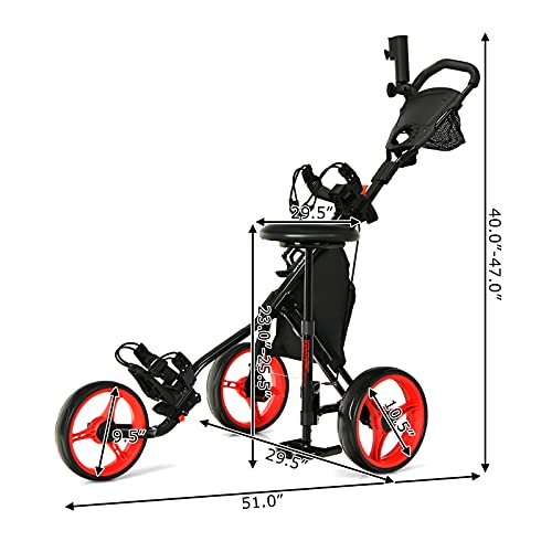 GYMAX Golf Push Cart, Foldable 3Wheel Height Adjustable Lightweight Golf Caddy Cart with