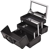 JustCase M1001PPAB Cosmetic Makeup Train Case with Mirror and Easy Clean Extendable Trays, Black Smooth