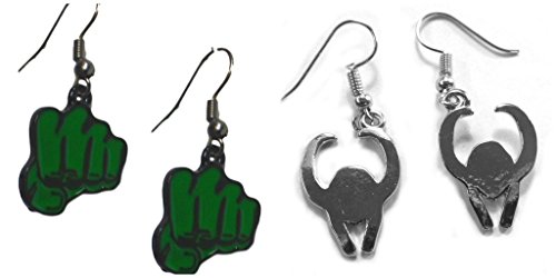 Hulk Green Fist and Silver Loki Helmet Dangle Earrings w/Gift Box