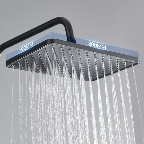 Auralum Thermostatic Shower Column with Glass Shelf, Thermostatic Mixer Tap and Shower Canopy Wide 12", 3 Water-Saving Jets - Complete Kit