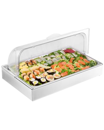 VEVOR Servierbehälter Buffet-Behälter Gastronormbehälter aus Edelstahl (1 Behälter), Präsentationsständer mit transparentem Deckel & 3 Eiswürfelschale