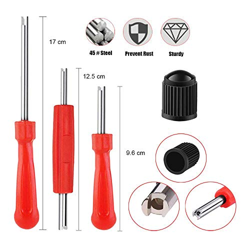 ZHSMS Valve Core Tool Set with Tire Pressure Gauge 20Pcs Valve Cores 10Pcs Tire Valve Caps 4-Way Valve Tool Dual Single Head Valve Core Remover Tire Repair Tool