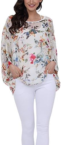 Womens Floral Print Batwing Sleeve Boho Blouse Chiffon Poncho Summer Tunic Tops