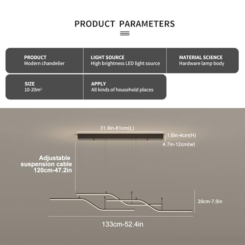 Siittoo Moderna lámpara colgante negra, lámpara de araña LED regulable de 45 W con control remoto, lámpara colgante lineal de 3 ondas de luz para comedor, cocina, isla de restaurante (52 pulgadas)