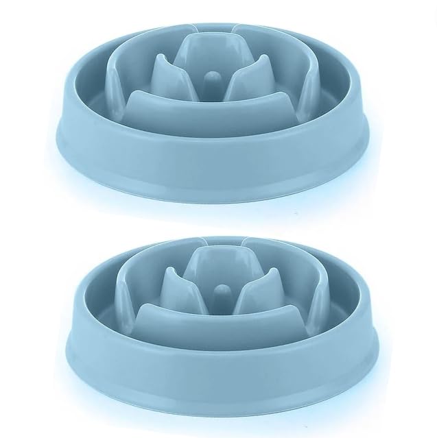 Slow Feeder Dog Bowl - Anti-Gulping Pet Bowl for Healthy Eating - Interactive Puzzle Dish Single or Twin Pack (19 x 20.6 x 5cm) (Cool Breeze x2)