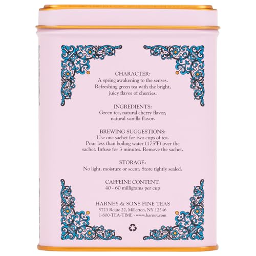 HARNEY & SONS CAFFEINATED BLOSSOM GREEN TEA TIN SACHETS PINK 31629, CHERRY, 20 COUNT (PACK OF 1)
