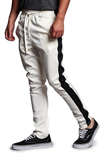 G-Style USA Men's Regular Cuff Non-Ankle Zip Contrast Outer Side Stripe Slim Fit Stretch Drawstring Track Pants TR522 - Off-White/Black - 3X-Large - S1C