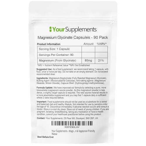 Magnesium Glycinate by Your Supplements | UK Made | True Unblended Bisglycinate | 90 High Absorption Capsules | Suitable for Vegetarians & Vegans