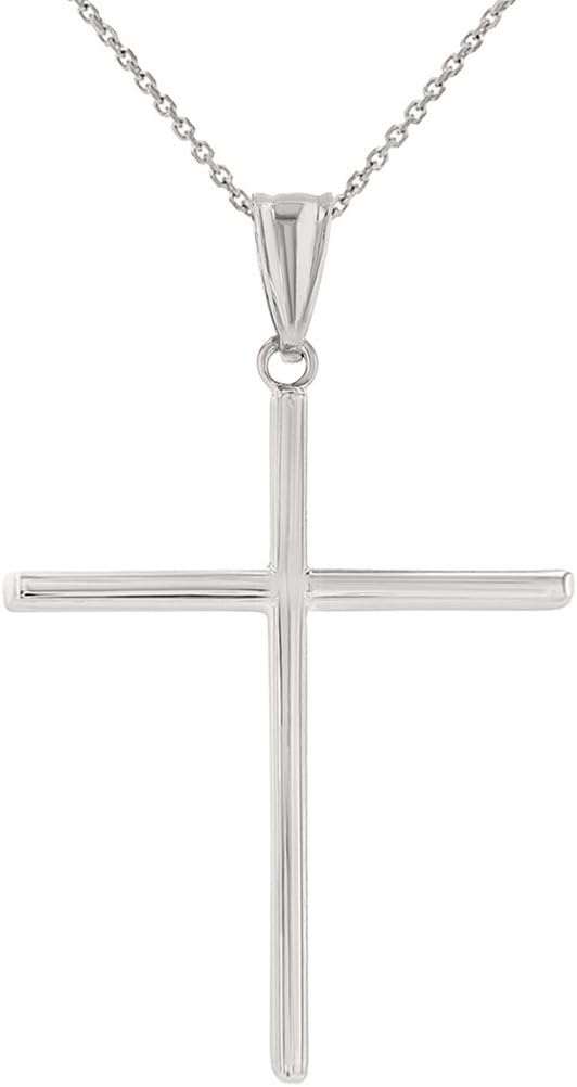 High Polished 14K White Gold Plain Slender Large Cross Pendant with Chain Necklace