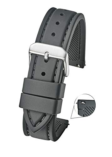 Smooth & Sporty Silicone Stitched Watch Band with Quick Release Spring Bars- Black/White, Black/Red, Black/Blue, Black/Yellow, Black/Orange in Sizes 18mm, 20mm, 22mm & 24mm (22MM, Black-Black)