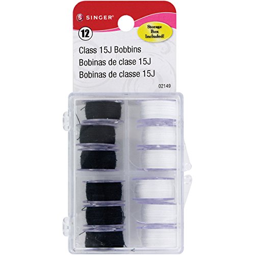 Singer Transparent Plastic Class 15 Bobbins Threaded in Case, Black and White, 12 Piece Per Pack