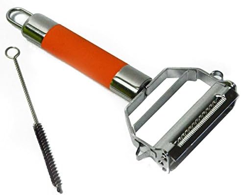 Julienne Peeler - Ultra Sharp Stainless Steal Dual Blade Rubber Grip Kitchen Peeler with Cleaning Brush - Orange