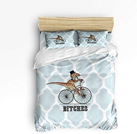 4 Piece Bedding Duvet Cover Sets with Flat Sheet and Decorative Pillowcases for Kids/Adults/Teens - Twin Size Luxury Soft Lightweight Brushed Microfiber, Cute Dinosaur Riding A Bicycle Blue Tiles