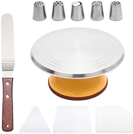 Cake Stand 12 inch CakeTurntable Baking Cake Decoration Aluminium Revolving Cake Stand Set of 3 Icing Smoother and Set of 5 Stainless Steel Pastry Tubes and Icing Spatula with Angled(Yellow)