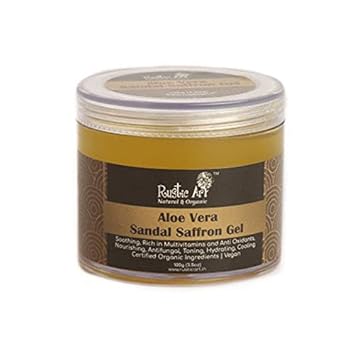 Rustic Art Aloe Vera Sandal Saffron Gel - 100 gms, Enhances Complexion | Rich in Anti Oxidants | Anti Tan | UV Protection | Toning | Hydrating | Regenerating