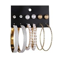 6 Pairs Hoop Earrings Set, Stud Earrings for Women, WPOtee Multiple of Creative Diamonds Pearl Matte Large Circle Earrings Ladies Jewelry (Gold)