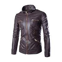 iYYVV Mens Autumn Winter Casual Long Sleeve Solid Stand Motorcycle Leather Coat Jacket Coffee