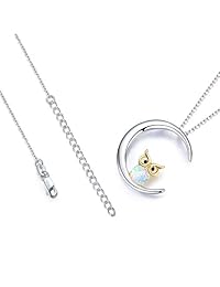 JUSTKIDSTOY Owl Necklace,Sterling Silver Opal Owl Necklace Crescent Moon Necklace Pendant Dainty Owl Jewelry Gifts for Women Wisdom Owl Lovers