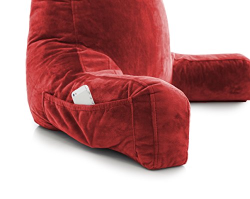 Husband Pillow Big Bedrest Reading & Support Bed Backrest w/Arms, Red - Premium Shredded Memory Foam with Detachable Neck Roll Pillow - Bed Rest Pillow Makes a Comfy & Therapeutic Cuddle Buddy