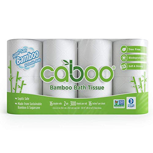 Caboo Tree-Free Bamboo Toilet Paper, Septic Safe Biodegradable Bath Tissue, Eco Friendly Soft 2 Ply Sheets, 300 Sheets Per Roll, 16 Double Rolls
