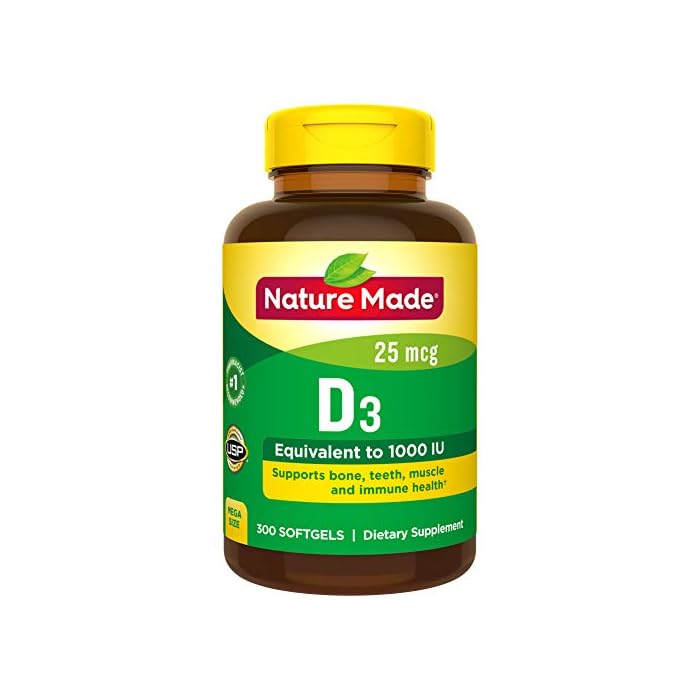 Nature Made Vitamin D3 1000 IU (25 mcg), Dietary Supplement for Bone, Teeth, Muscle and Immune Health Support, 300…