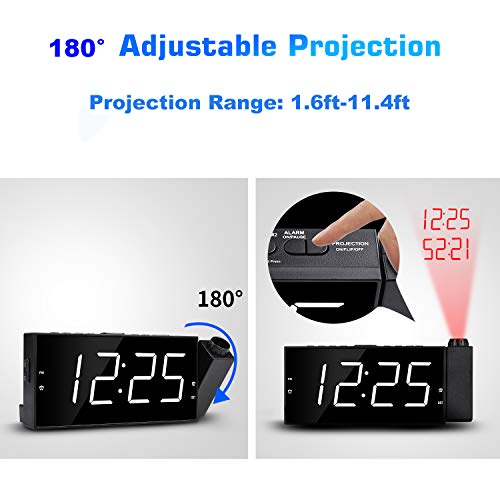 OnLyee Projection Ceiling Wall Clock, Alarm Clock, 7" LED Digital Desk/Shelf Clock with Dimmer, USB Charging, AC Powered and Battery Backup for Bedroom, Kitchen, Kids