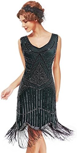 uniq sense xs-4xl Women's Roaring 20s V-Neck Gatsby Dresses- Vintage Inpired Sequin Beaded Flapper Dresses