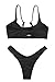 FAFOFA Woman's 2PCS Bikini Swimsuit Scoop Neck Crop Tank High Cut Thong Bottom Outfit Swimwear Black S
