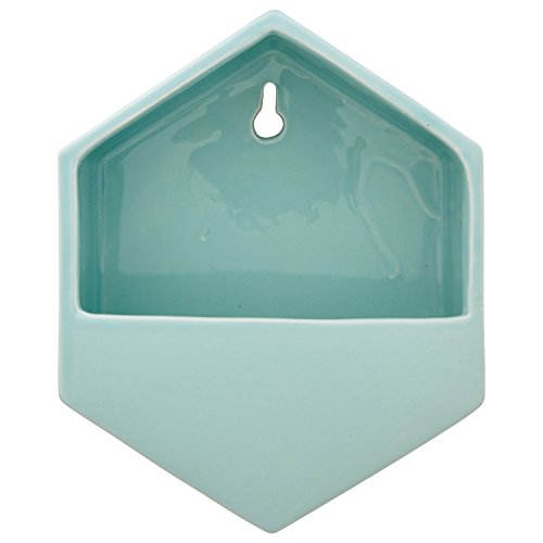 Rivet Hexagonal Wall Mount Planter, 7.7″H, Modern Earthenware, Aqua