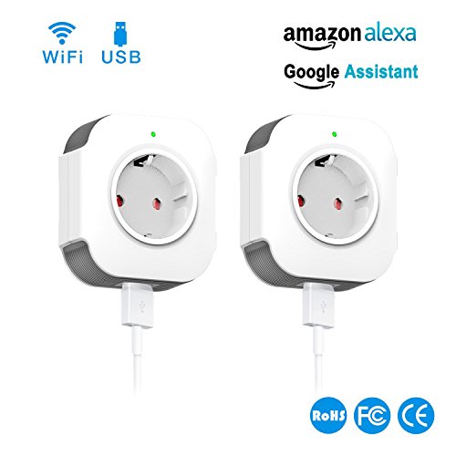 WiFi Smart Steckdose, WLAN Smart Plug funktioniert mit Amazon Alexa und Google Home, USB Port, Timing Funktion, Fernbedienung Ihre Geräte überall,kein Hub erforderlich (Steckdose-2pcs)
