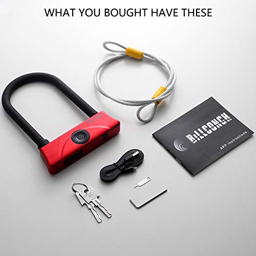 BILLCONCH Fingerprint U Bike Lock,Waterproof Bike U-Lock with Cable, Duty U-Lock for Road Bike Mountain Bike Electric Bike Folding Bike, USB Charging (Red)