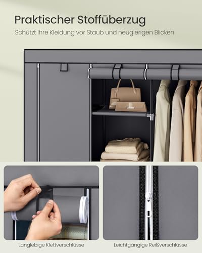 Kleiderschrank, Garderobe, Kleiderständer mit Vliesstoffbezug, Hängestangen, Ablagen, 45 x 130 x 168 cm, große Kapazität, für Schlafzimmer, Wohnzimmer, Taubengrau RYG096G01