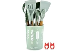 Ziaan 14 Pieces Silicone Kitchenware Set, Green Color, Best Gift Set Contains Turner Handle Clips Soup Spoon Spatula Brush Sc