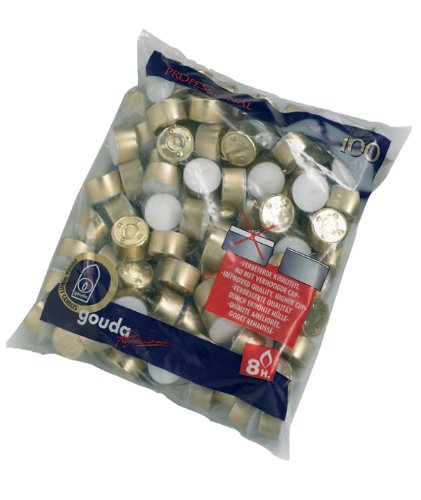 100 Bolsius Long Burn 8 Hour Tea Lights, Gold Cup