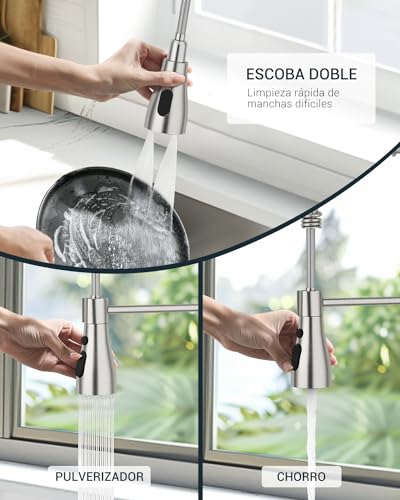 APPASO Grifo de cocina alta presión, grifo mezclador de cocina con 3 modos de rociado, grifo mezclador de fregadero de cocina giratorio 360°, acero inoxidable cepillado