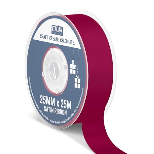 Italian Options Satin Ribbon, Fabric Ribbons for Gift Wrapping, Crafting, Balloons, Wedding Car, Presents, Cake, Christmas, Birthday, Gift Wrap Accessories, 25mm Wide x 25 Metre Roll, Burgundy