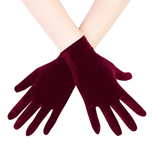 EORUBE Short Opera Velvet Gloves for Women 1920s Flapper Stretchy Wrist Length Banquet Gloves Tea Party Halloween Costume (Deep Burgundy)
