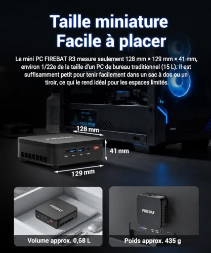 FIREBAT Mini PC R3, AMD Ryzen 3 4300U, 16Go LPDDR4 RAM 512Go SSD, Triple Affichage 4K, WiFi 6 Bluetooth 5.2, Ordinateur Compact Silencieux Extensible pour Bureau Domestique