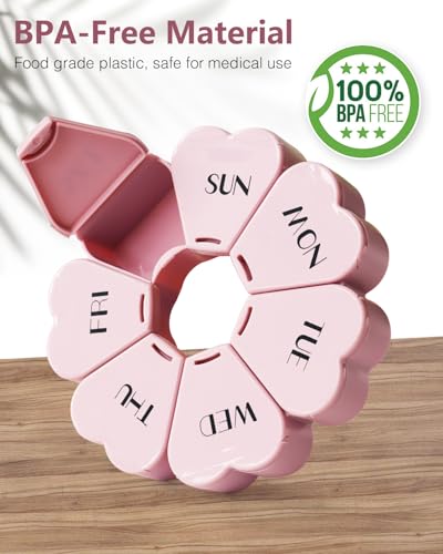 FHORAIN Weekly Pill Organiser, Cute, 7 Day, Large Compartments, Portable Tablet Box, Round, Vitamin and Supplement Case (Pink)