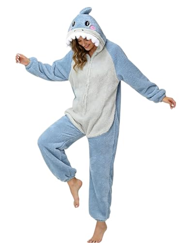 Chuangminghangqi Einteiliger Schlafanzug Damen Winter Einteiler Tierkostüm Erwachsene Kostüm Jumpsuit Mit Reißverschlüsse Locker Und Bequem Pyjama Unisex Onesie Kleidung Mit Kapuze(Hai,Xxl)