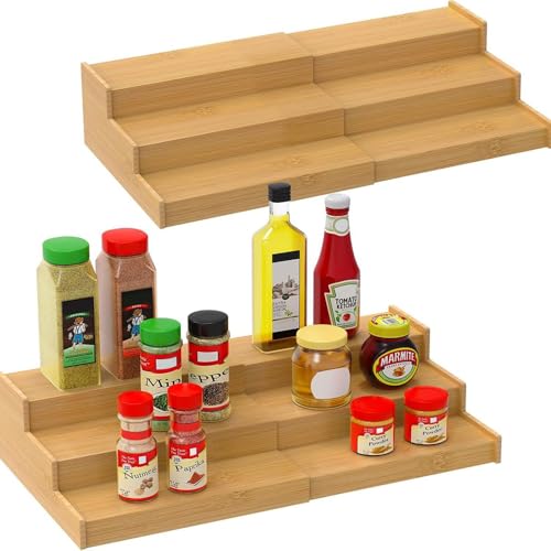 Keqin 3 Tier Expandable Bamboo Spice Rack Organizer for Cabinet, Kitchen, Cupboard, Pantry Storage Shelf