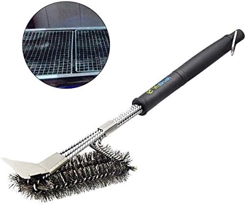 MAXAWY BBQ Grill Brush with Stainless Steel Scraper，3 in 1 Cleaning Brush with Non-slid handle for different grill Easy to use and clean (Wire Bristles)