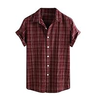 Koolee Mens Tops,Men Vintage Splicing Linen Solid Short Sleeve Retro T Shirts Tops Blouse(XXL,Red)