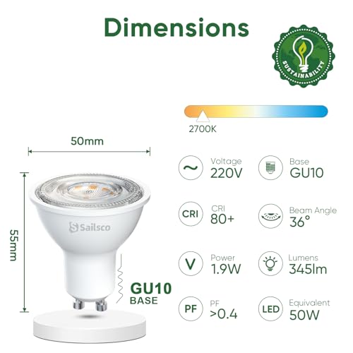 sailsco Energy Class A GU10 LED Warm White Lamp, 1.9 W 345 LM 2700 K Warm White GU10 Spot Energy Saving Bulb, 50 W Bulb Replaces, 36° Beam Angle G10 Bulb, Not Dimmable, Pack of 12