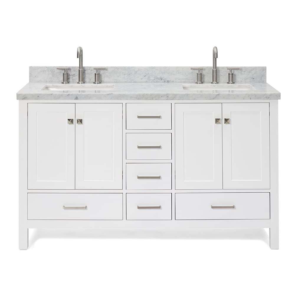 ARIEL 61" Inch White Double Bathroom Vanity with Rectangle Sinks and Carrara White